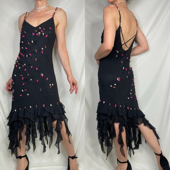 Cache silk rosette beaded slip dress prom gown ruffle formal cocktail floral M - Picture 16 of 16